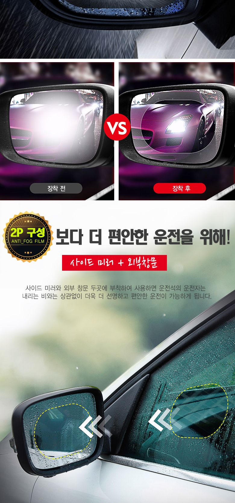 사이드미러 방수 발수코팅 필름 2P구성 방수필름 사이드미러방수필름 차량방수필름 자동차방수필름 발수필름 발수코팅필름 코팅필름 차량코팅필름 자동차코팅필름 차량악세사리
